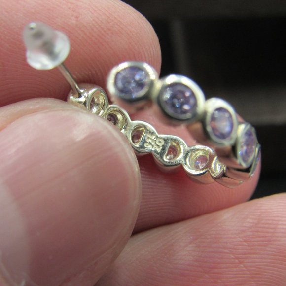 Sterling Silver Curved Half Hoop Clear Cubic Zirconia Earrings Vintage - Picture 6 of 8